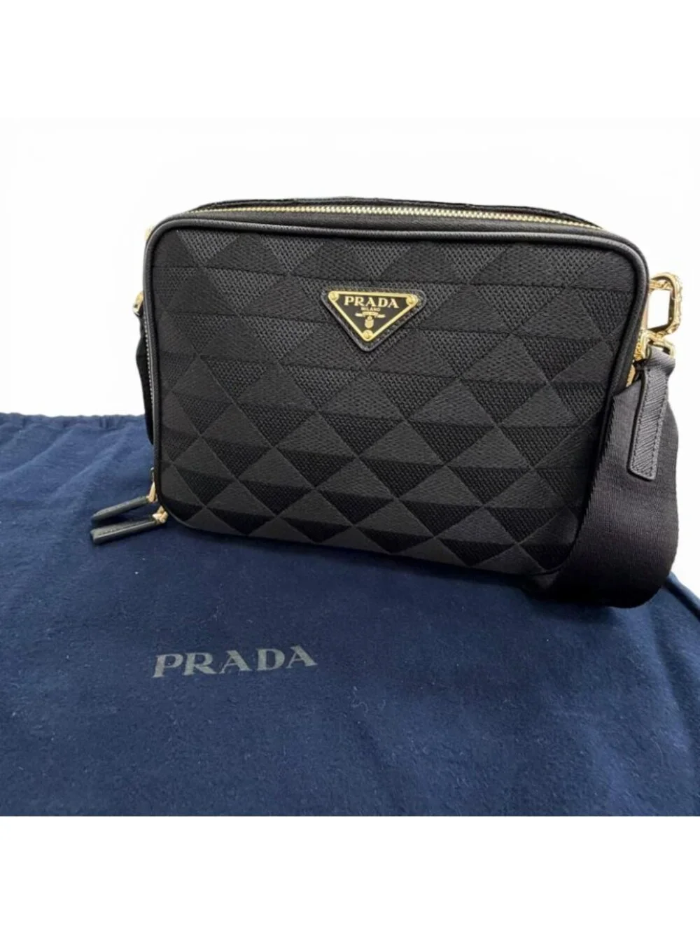 Prada Brick Triangle Logo Jacquard Leather Shoulder Bag Black